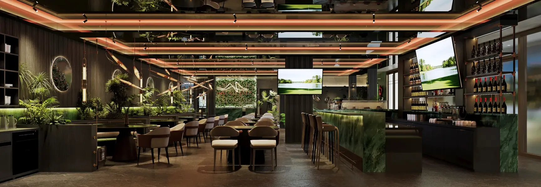 The Dimsum Caddy dining room: a green marble bar, warm linear lighting, plant walls and golf screens